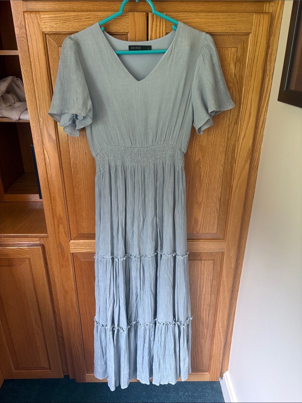 Mikarose Light Blue V‑Neck Smocked Maxi Dress